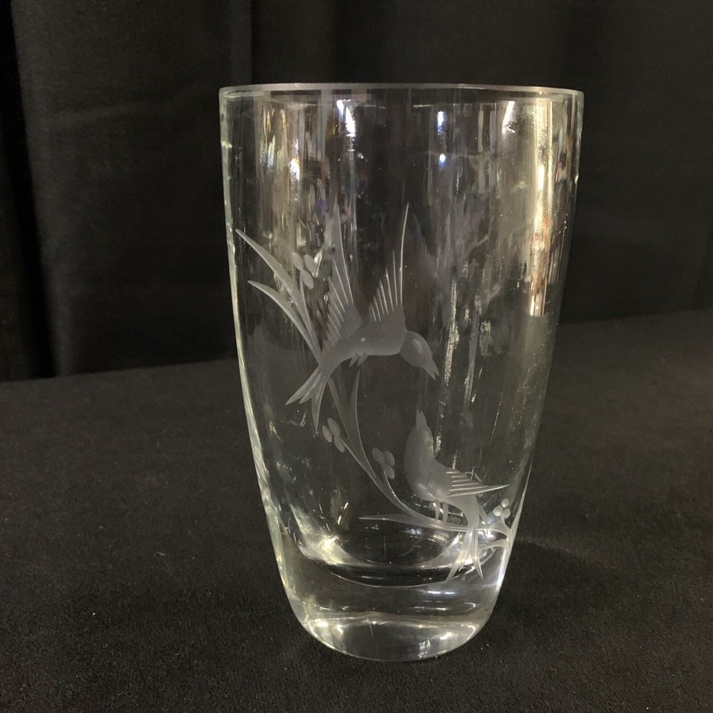 Vintage Art Glass Vase Etched Birds on Branch Oval Heavy Clear 6.5in MCM